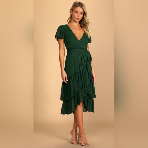 Lulus Dresses & Skirts - Lulus Have Harmony Dark Green Swiss Dot Ruffled Faux Wrap Midi Dress XXS NWT